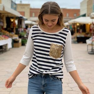 Twenty Second Navy & White Striped Raglan Top with Gold Sequin Pocket